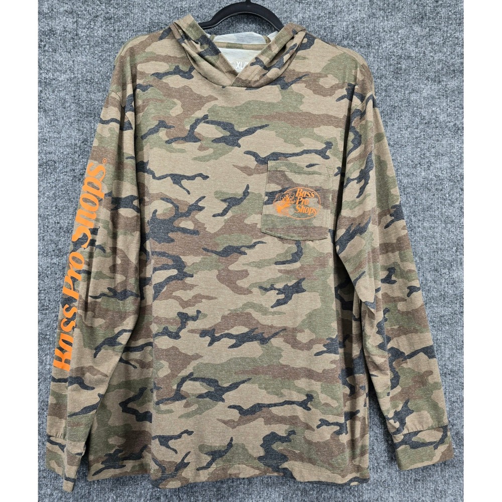 Bass Pro Shops Hooded T-Shirt Men XL Camo Long Sleeve Pocket Hunting Fishing